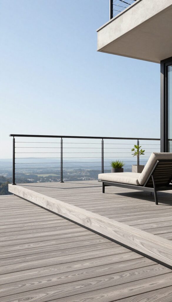 Modern elevated composite deck with black metal posts and horizontal stainless steel cable railing overlooking a scenic view under bright natural light