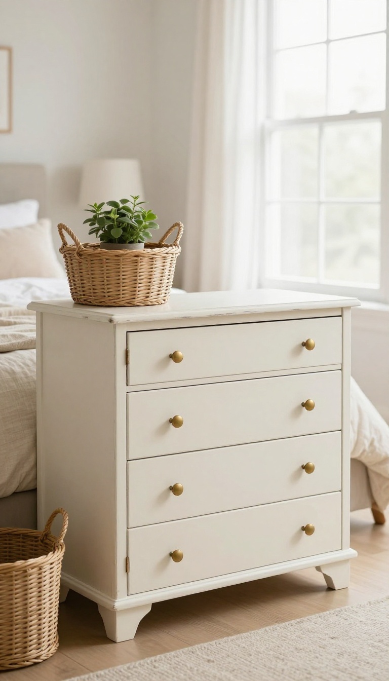 Thrifted wood dresser upcycled with warm white chalk paint and brass hardware in a bright neutral bedroom