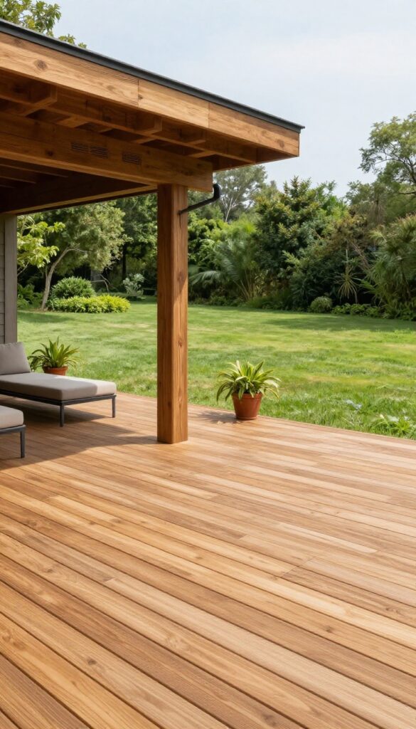 Backyard deck with clean horizontal wood slat skirting enclosing the space underneath, surrounded by green lawn and landscaping in bright natural light.