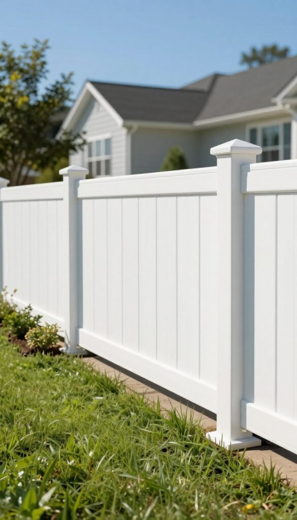 Bright white low-maintenance vinyl privacy fence with clean vertical panels bordering a sunny manicured front yard and shrubs, with a softly blurred suburban house in the background