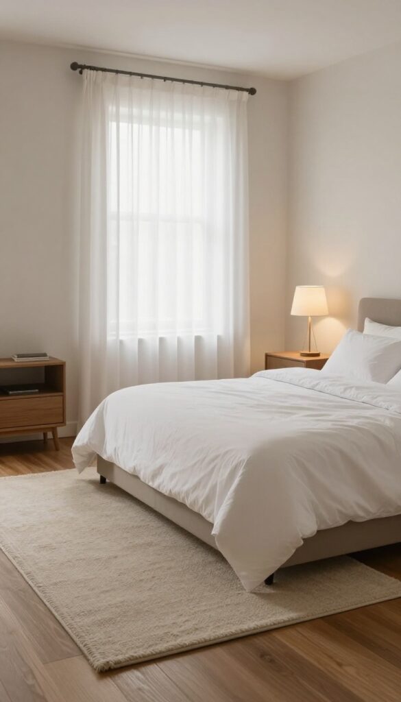 Cozy bedroom with layered neutral and textured area rugs over warm hardwood floors in bright natural light