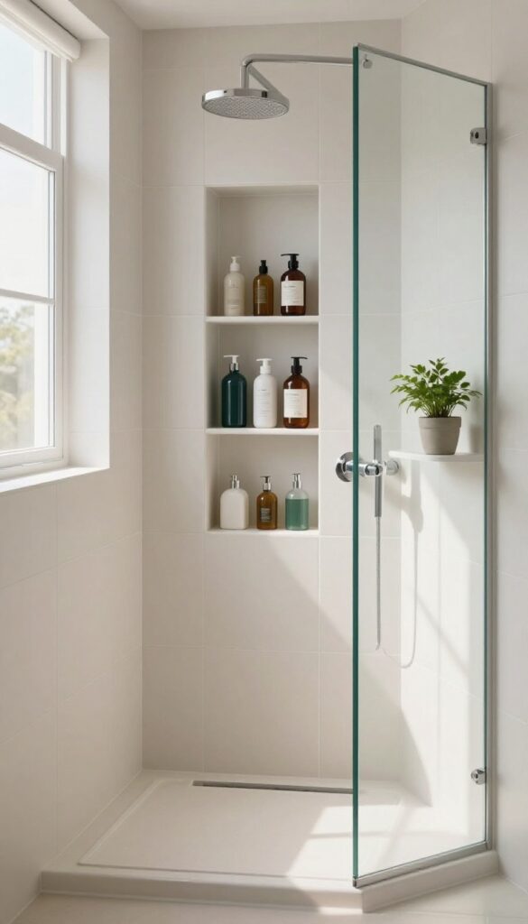 Bright modern corner shower with a built-in tiled niche holding neatly arranged toiletries, surrounded by clean ceramic tiles and natural light.