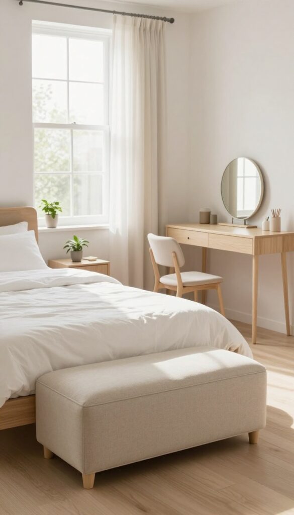 Bright small bedroom with a storage ottoman bench holding folded blankets and a slim desk that doubles as a vanity, styled with cohesive neutral tones and natural light
