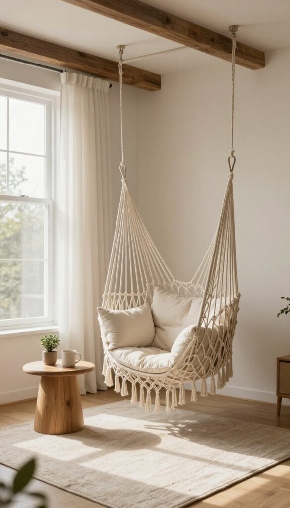 Neutral macrame hammock chair with cushions hanging in a bright bedroom corner above a soft rug beside a small wooden side table