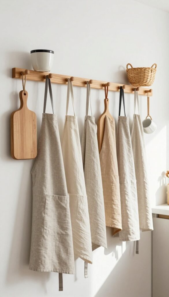 Bright kitchen wall with a long wooden peg rail holding an apron, cutting board, basket, and mug in neutral tones, styled as functional wall decor near the stove.