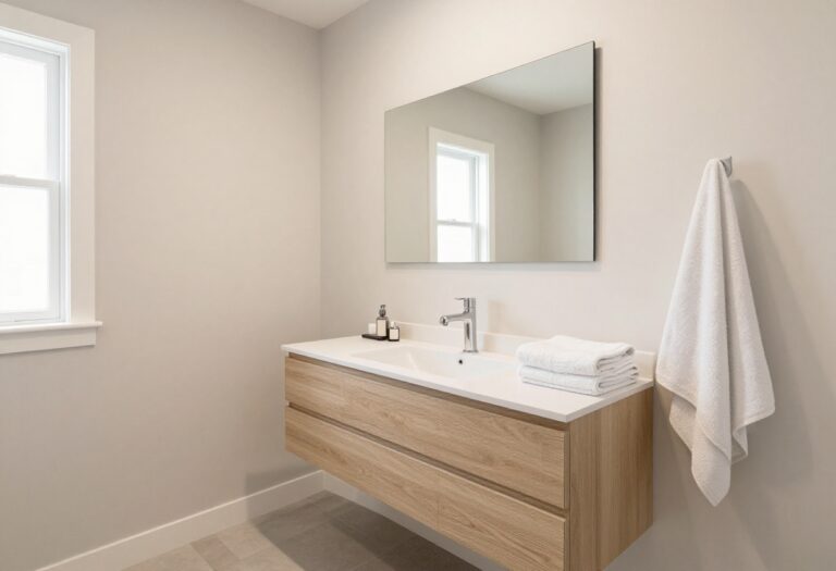 Bright small hallway bathroom with a floating light wood vanity and open floor space underneath