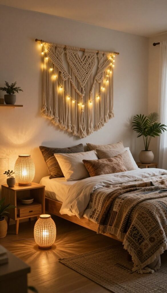 Cozy bohemian bedroom with layered warm lighting from a woven-shade table lamp, corner floor lamp, and fairy lights along a macrame wall hanging above a low bed with patterned textiles.