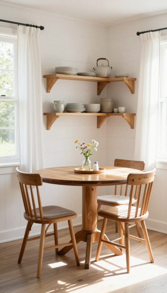 Cozy small farmhouse kitchen with a round wooden bistro table and two tucked-in backless stools in bright natural light