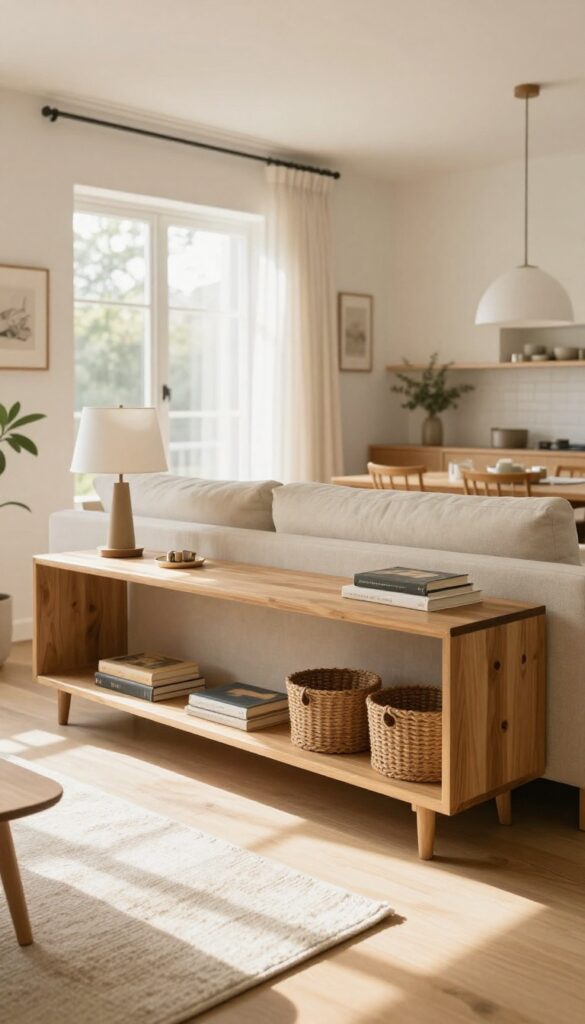 Bright living room with a slim console table placed behind a floating sofa, styled with a tall lamp, books, and baskets, defining the space between the seating area and an open dining zone.