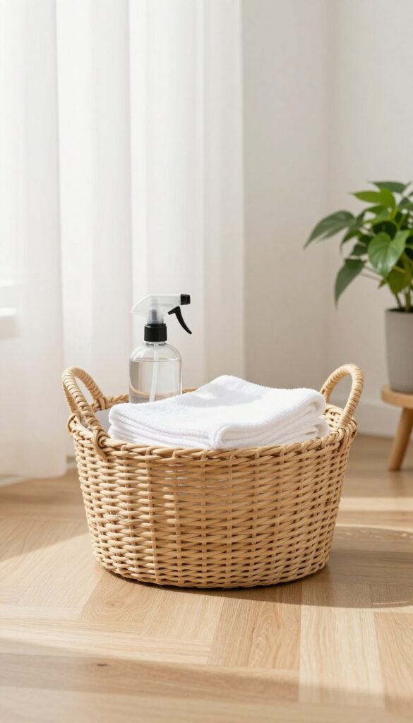 Sunlit living room corner with a basket of folded cleaning cloths, a spray bottle, and a small potted plant on a wooden side table