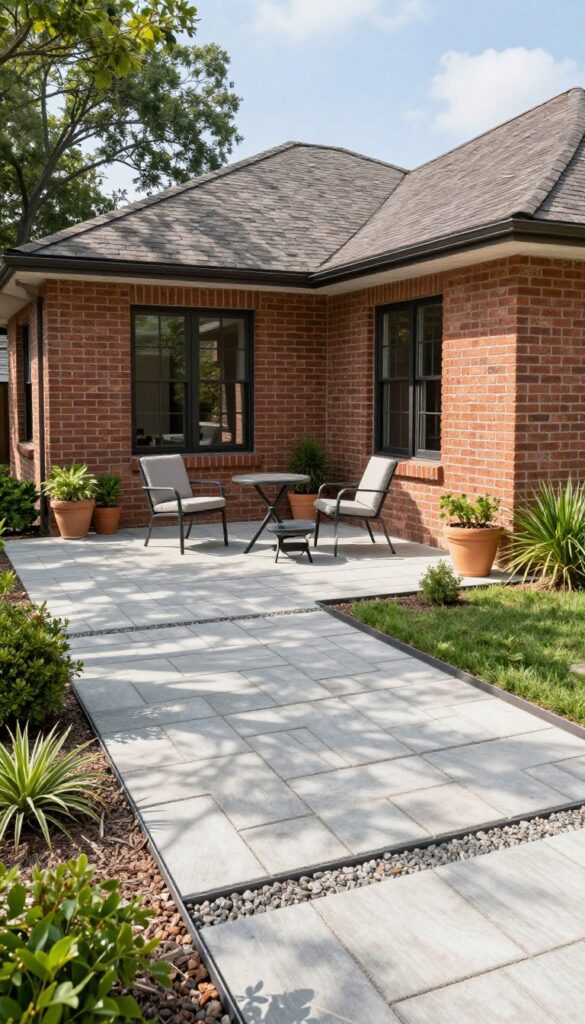 Wraparound paver patio extending along the front of a brick house with clustered outdoor furniture and potted plants in bright natural light
