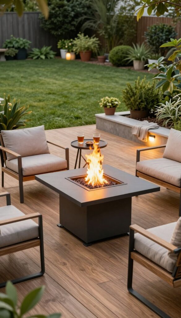 Cozy backyard deck fire pit area with modern propane fire pit, circular metal and wood seating, drinks, and a throw blanket at golden hour