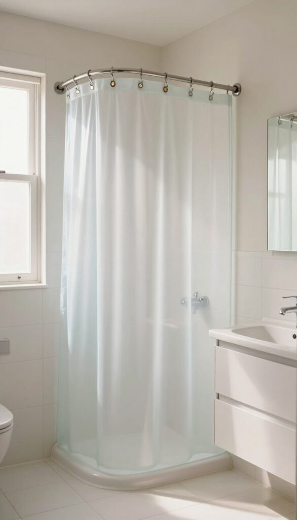 Clear shower curtain with decorative metallic hooks in a bright, minimal bathroom, letting natural light through to make the small space feel larger.