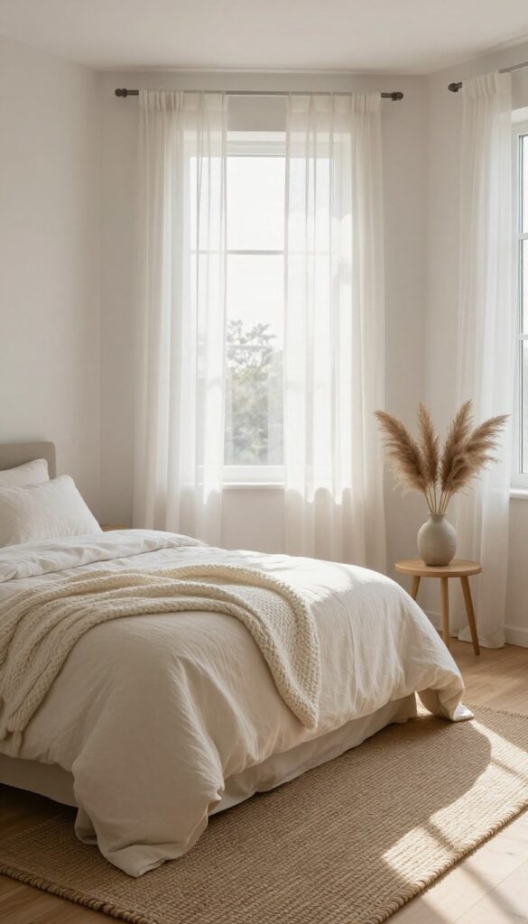 Small bedroom with soft light neutral greige walls, layered linen bedding, wood nightstand, and natural light making the space feel open and airy