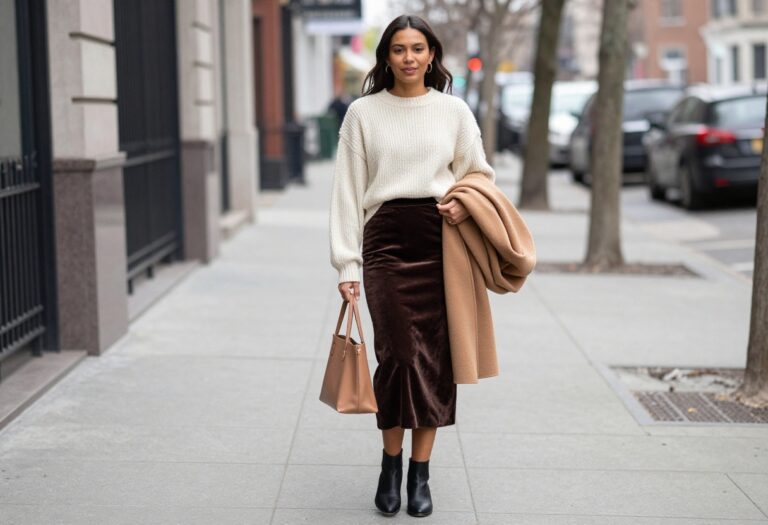 Woman wearing a brown velvet midi skirt with a cream sweater and ankle boots in a cold-weather street-style outfit.