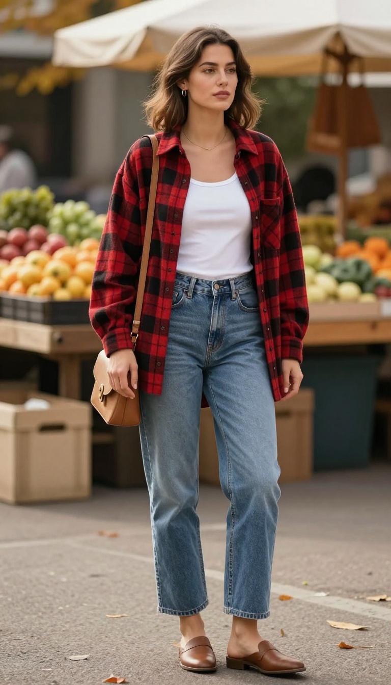 9. Cozy Casual with a Flannel Shirt and Mules