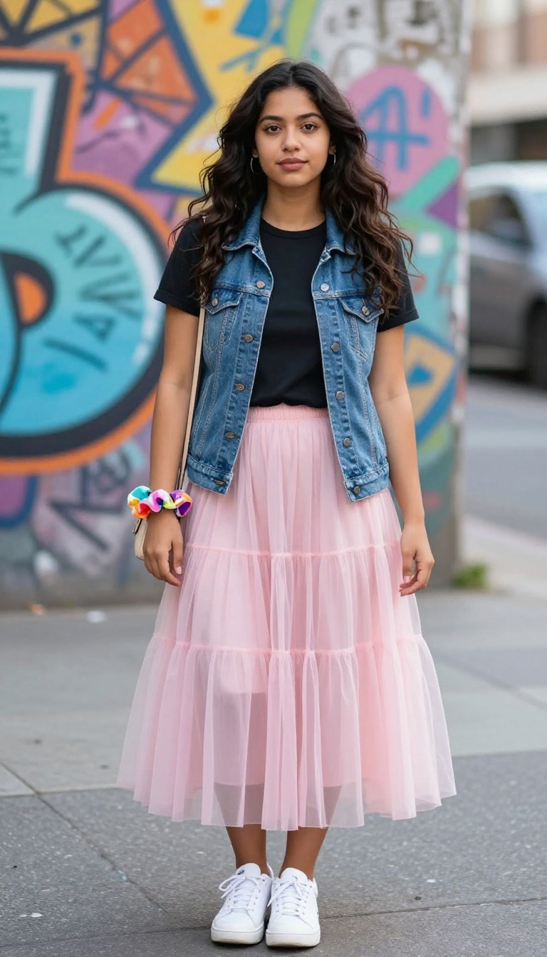 8. Tulle Skirt with a Band Tee and Denim Vest