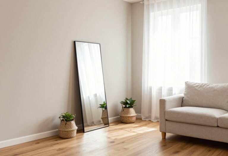 Oversized leaning floor mirror reflecting bright window light in a clean, airy living room