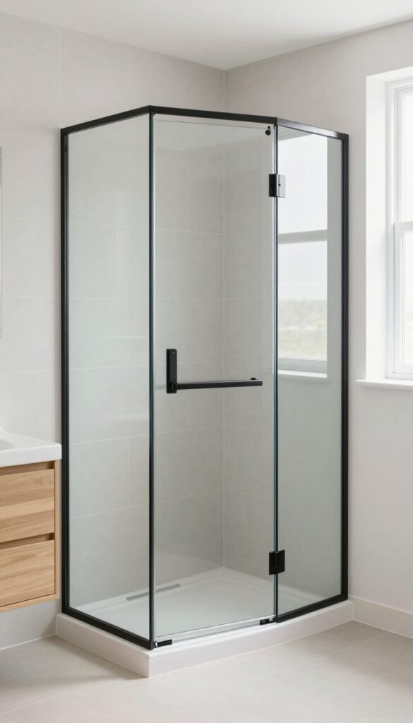 Bright small bathroom with a clear glass corner shower enclosed by a thin black minimal frame, neutral tiles, and natural light