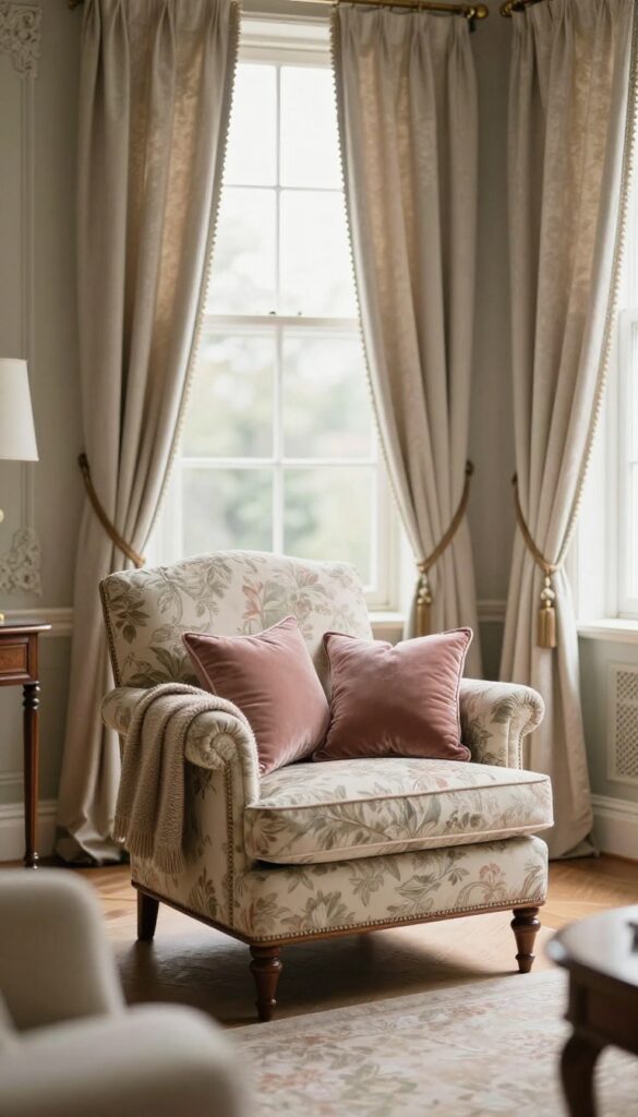 Victorian living room with a floral patterned armchair, solid velvet cushions, and floor-length patterned curtains in bright natural light