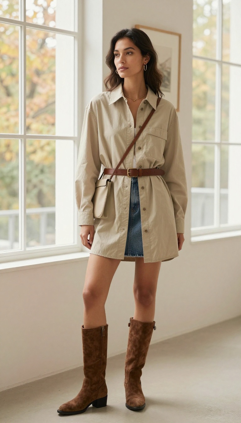 13. Belted Shirt Dress Over Skirt