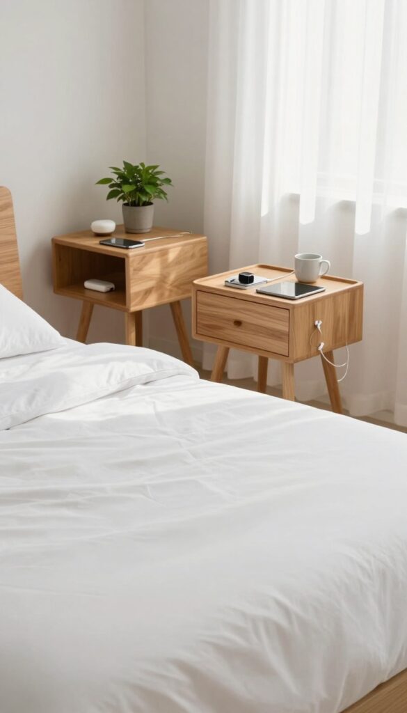 Two tidy nightstands in a bright shared bedroom, each with a small multi-port charging station holding separate devices and neatly clipped short cables.