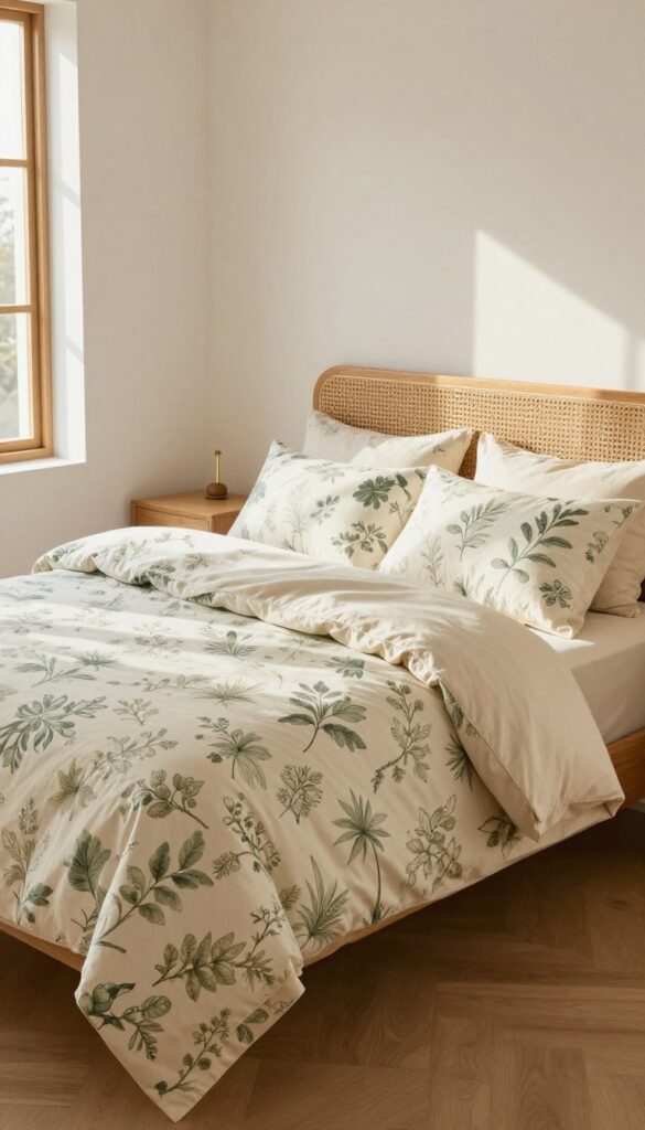 Cozy vintage bedroom with cream and sage botanical floral bedding, natural wood furniture, rattan and brass accents, and soft warm natural light.