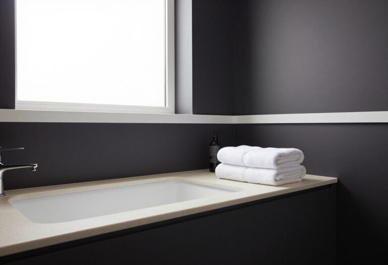 Small dark bathroom with matte charcoal walls and a bright white accent, styled like a boutique hotel