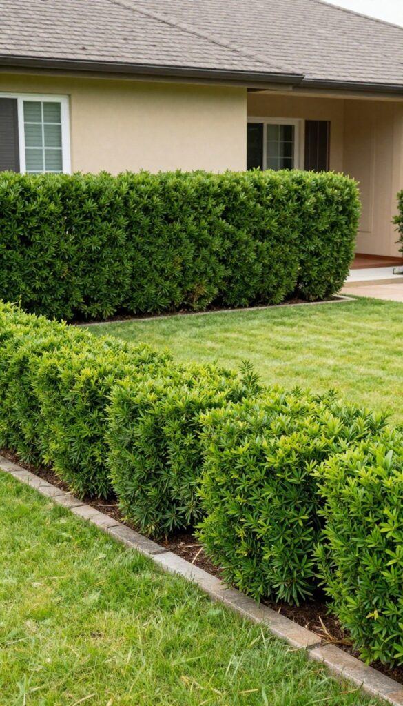 A neatly trimmed living hedge fence bordering a bright green front lawn with a suburban house in the background under natural daylight.