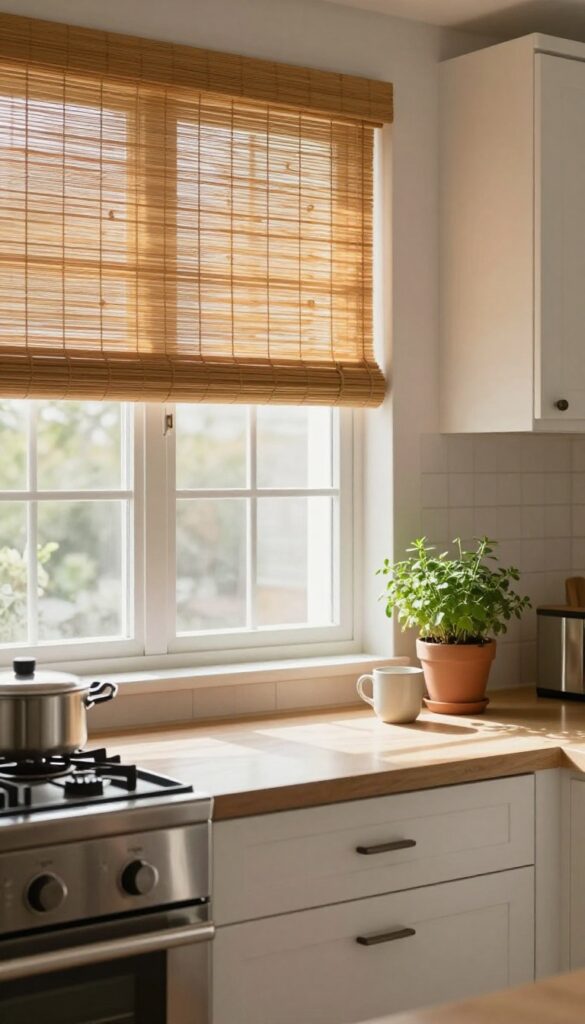 Cozy kitchen with white cabinets and warm bamboo window shades filtering soft natural light