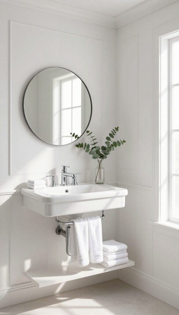 Bright bathroom with white board and batten wall molding, pedestal sink, round mirror, and fresh eucalyptus in natural light.