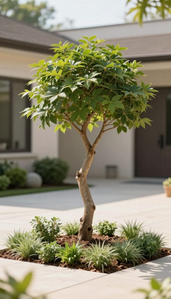 Small front yard with a single sculptural ornamental tree as a statement focal point, surrounded by subtle low plantings and a clean walkway in bright natural light.