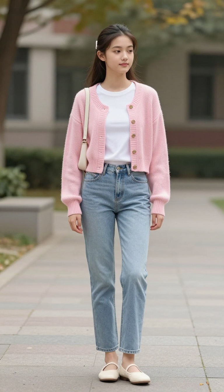 13. Cardigan + Baby Tee + Low-Rise Jeans + Ballet Flats