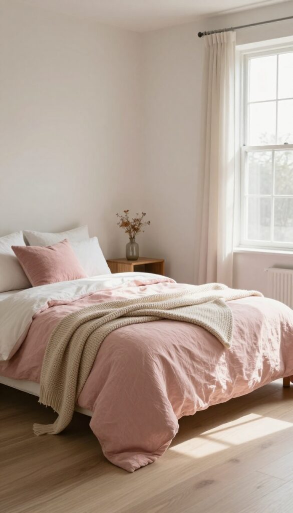 Cozy bedroom with blush pink linen bedding, white sheets, textured throw pillows, and a soft knit blanket at the foot of the bed in bright natural light