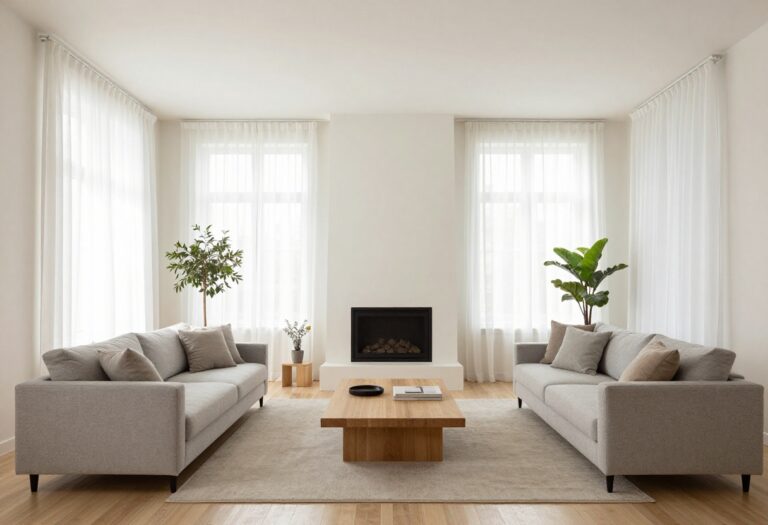 Bright living room with a centered gray couch facing a fireplace, symmetrical seating, and natural light
