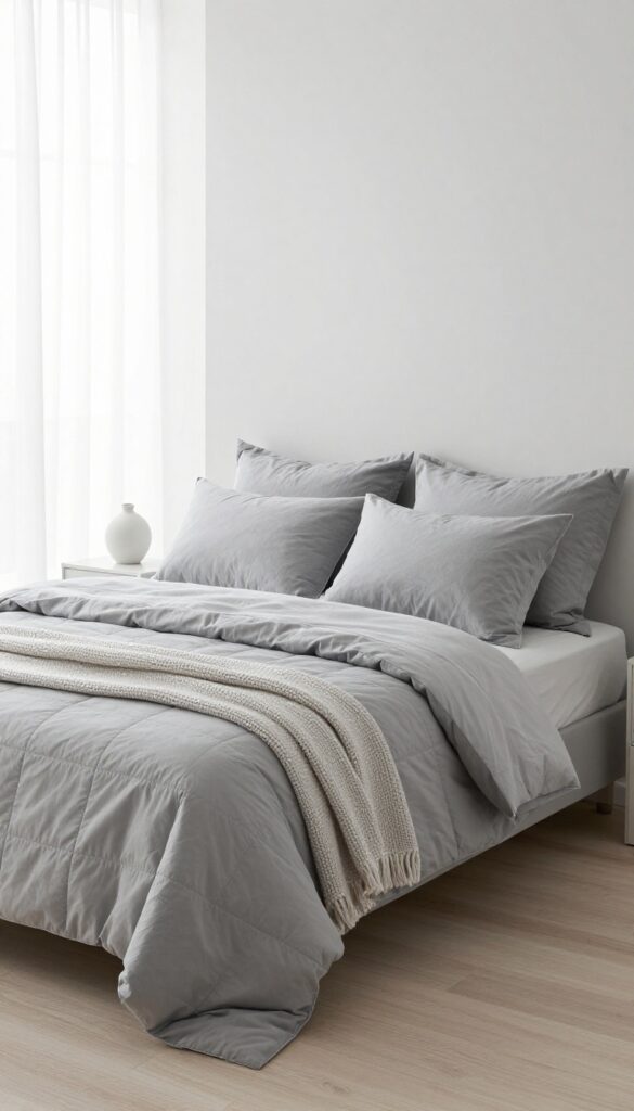 Minimalist monochrome gray bedding on a neatly made bed in a bright modern bedroom with layered gray tones and clean-lined quilting