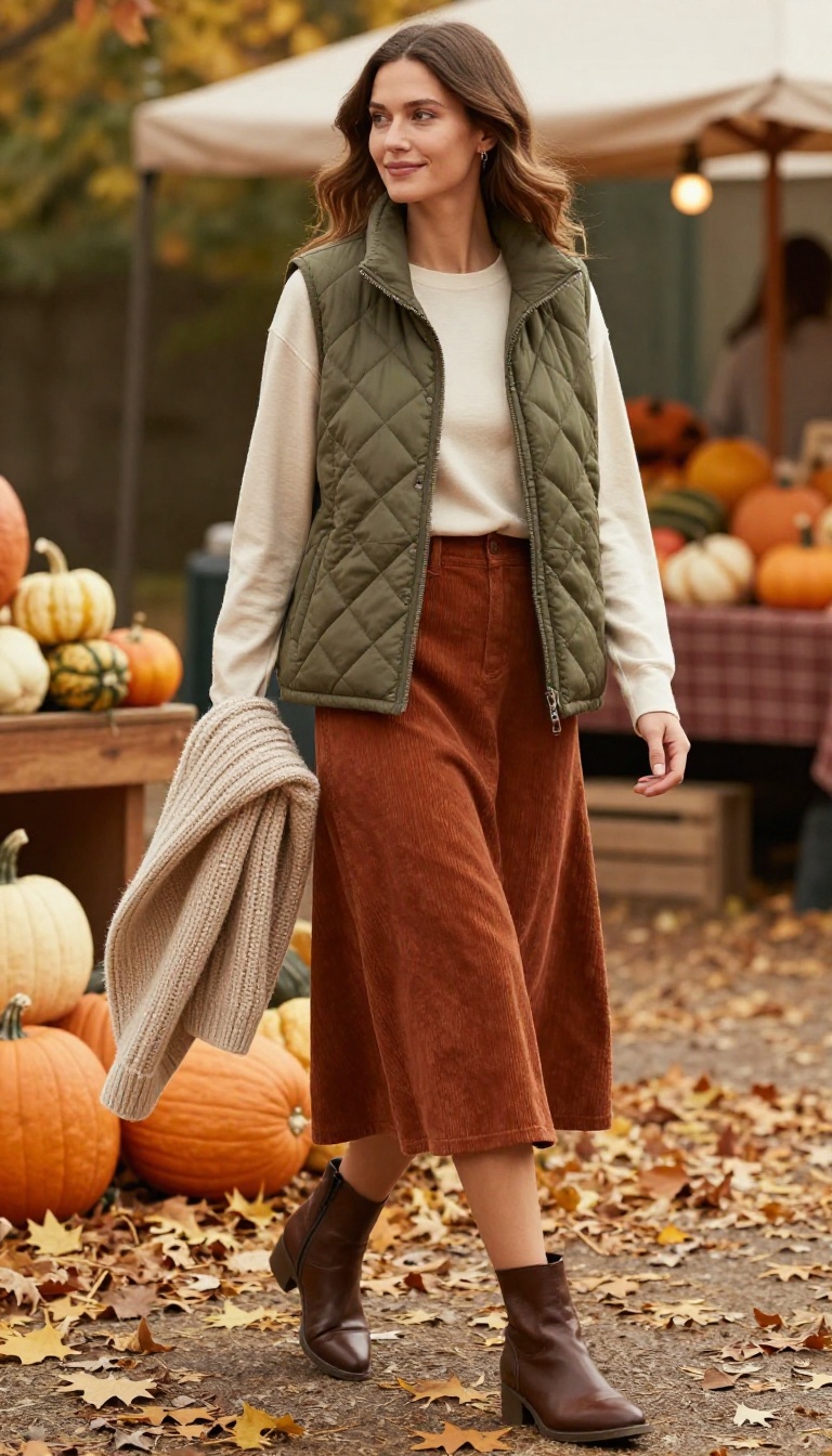 9. Quilted Vest and Flared Skirt for Layered Warmth