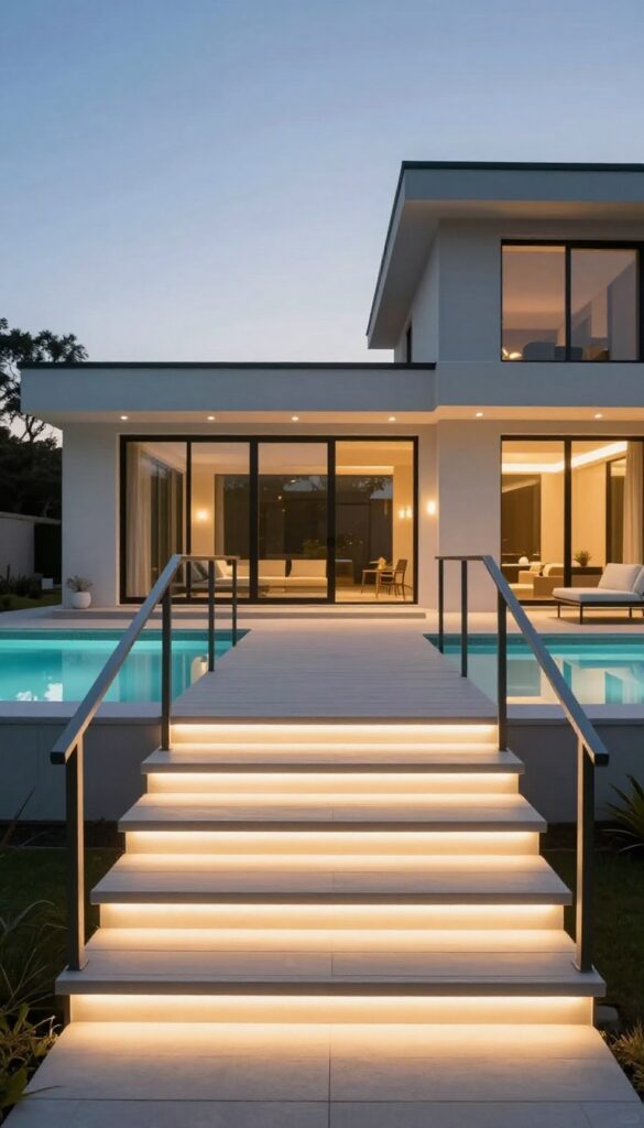 Modern composite deck at dusk with warm integrated LED strip lighting along stairs and under railings, glowing softly against a contemporary home exterior