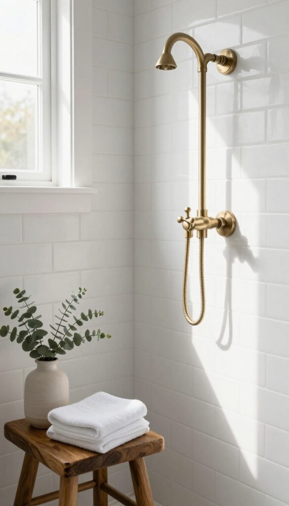 Vintage-inspired brushed nickel shower faucet with cross handles mounted on white subway tile in a bright modern farmhouse bathroom