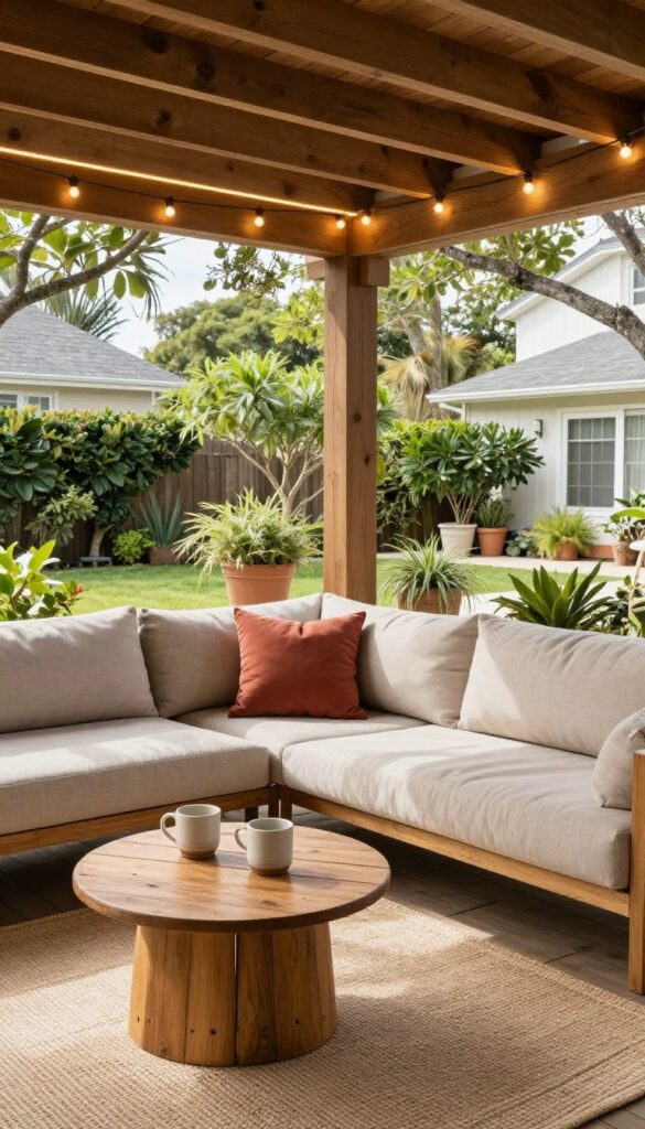 Cozy under-deck lounge area with a neutral outdoor sectional, woven rug, coffee table, and warm string lights beneath wooden deck beams in bright natural daylight