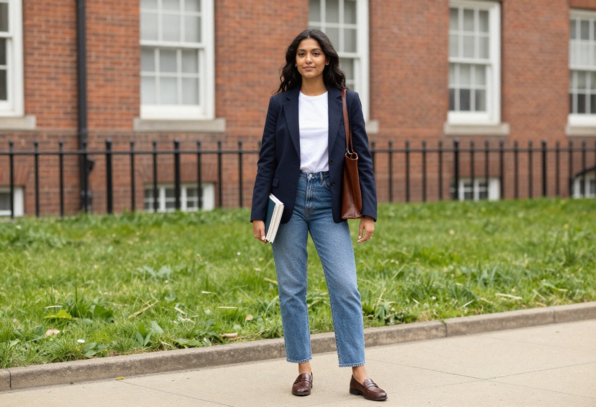 Young woman in navy blazer and jeans with loafers on university campus