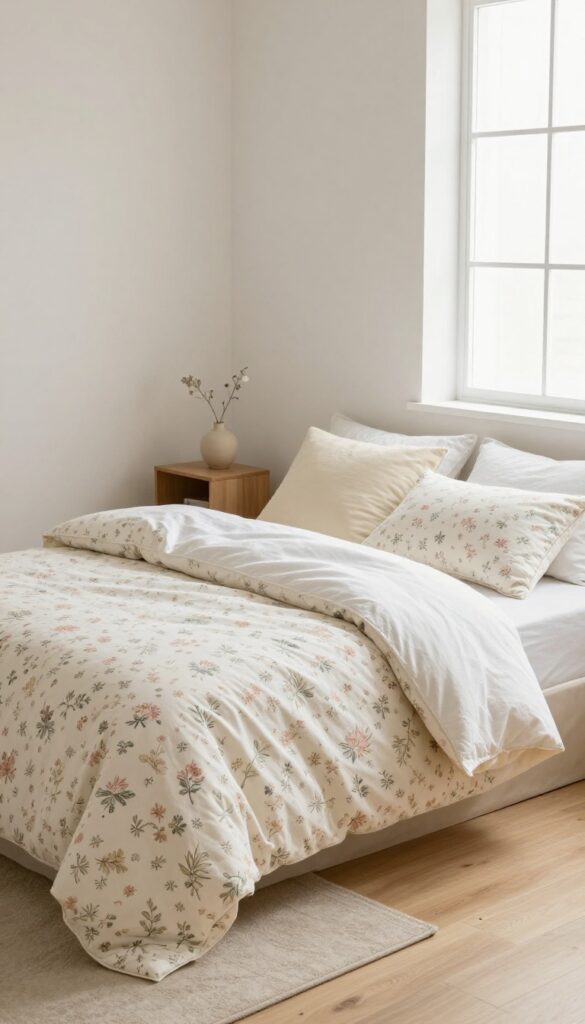 Bright minimal bedroom with small ditsy floral bedding in soft muted tones, plain linen sheets, two pillows, and simple decor in natural light.