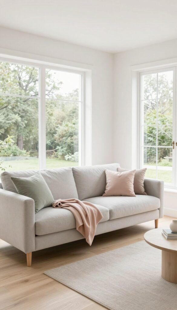 Bright airy living room with a soft white and greige color palette, pale wood floors, and a single muted sage accent pillow in natural daylight.