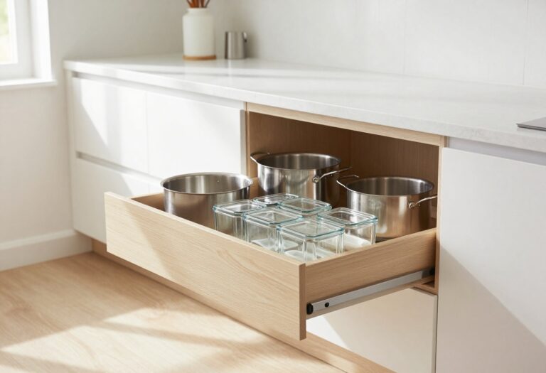 Bright kitchen with a pull-out cabinet drawer fully extended showing neatly organized pots, pans, and clear containers in natural light