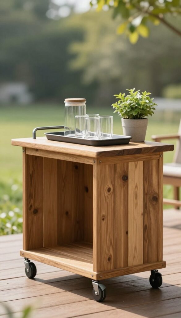 Small wooden outdoor bar cart styled with glassware and a plant on a sunlit deck