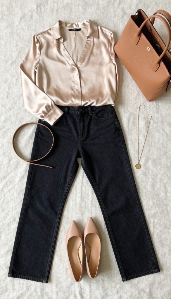 Champagne silk blouse with dark wide-leg jeans and neutral accessories on a linen surface