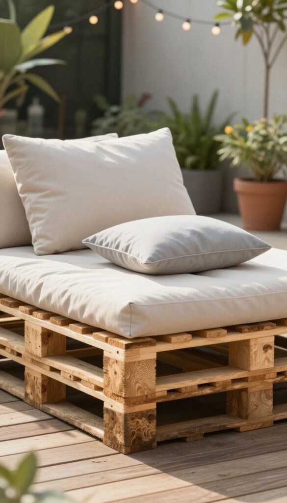 DIY pallet sofa with thick cushions and throw pillows on a sunlit outdoor deck