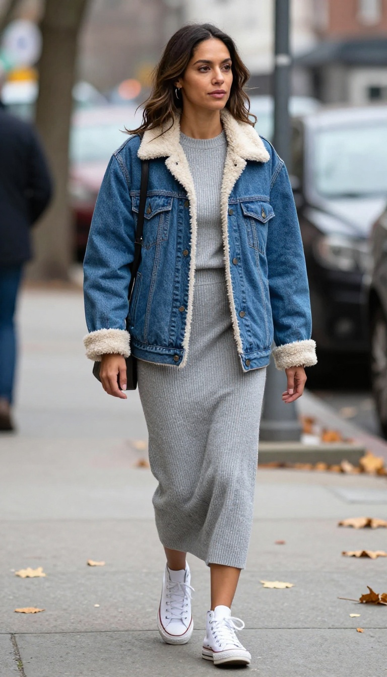 11. Sherpa-Lined Jean Jacket with a Knit Skirt and Sneakers