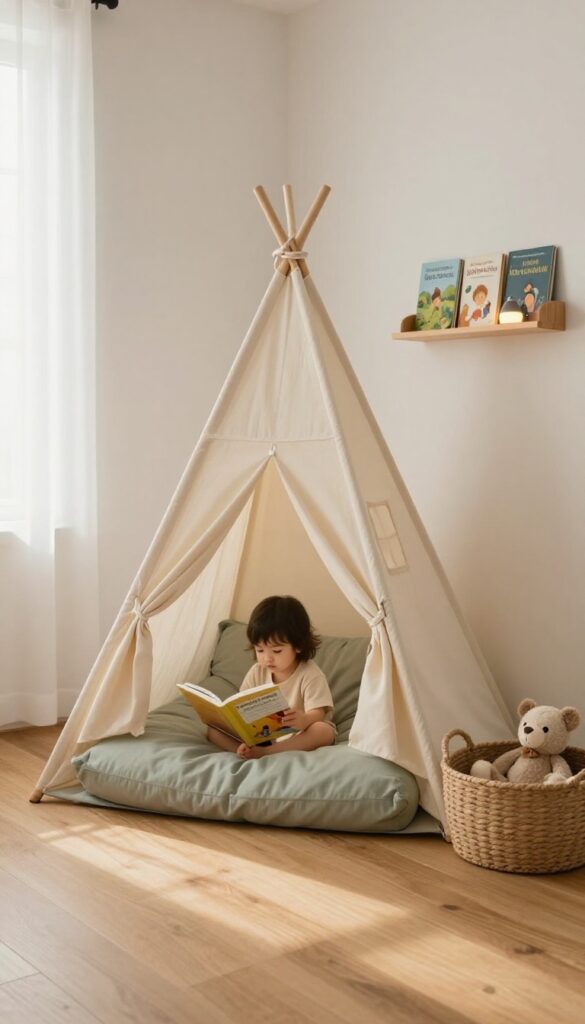Cozy toddler boy reading nook with a small canvas tent, floor cushions, low wall-mounted book ledges, and a soft clip-on lamp in bright natural light
