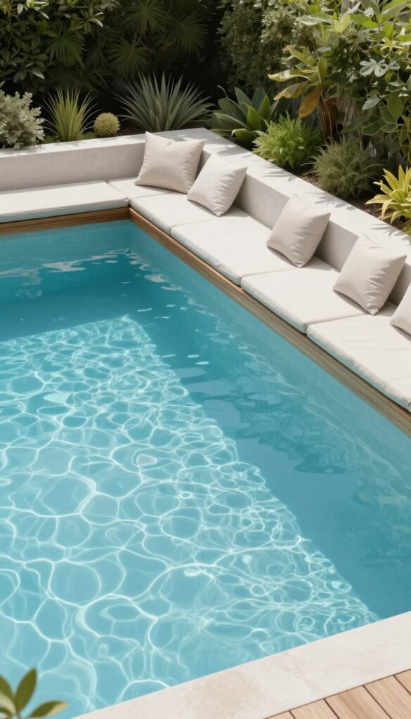 Built-in L-shaped wooden bench with neutral cushions along a bright backyard pool deck edge